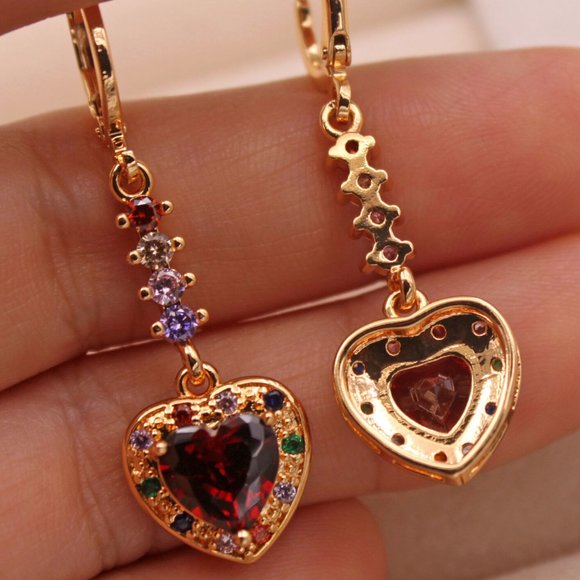 18K Yellow Gold Filled Luxury Garnet Red Heart Diamond Zircon Dangle Earrings - Picture 7 of 8